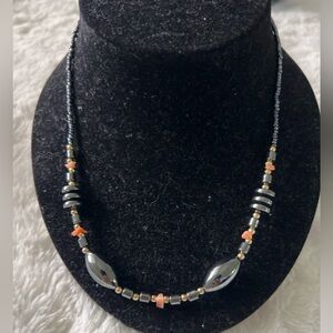 Vintage Black Hematite Beaded Necklace 17” Gold Tone Coral Accent Statement